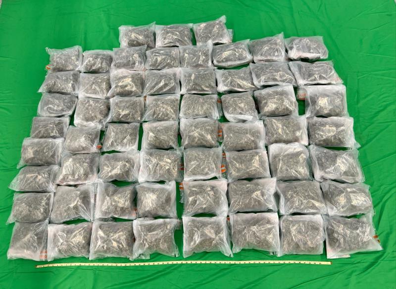 海關昨日在香港國際機場偵破一宗行李藏毒的販毒案件，檢獲約32公斤、估計市值約690萬元的懷疑大麻花。圖示檢獲的懷疑大麻花。 （政府新聞處圖片）